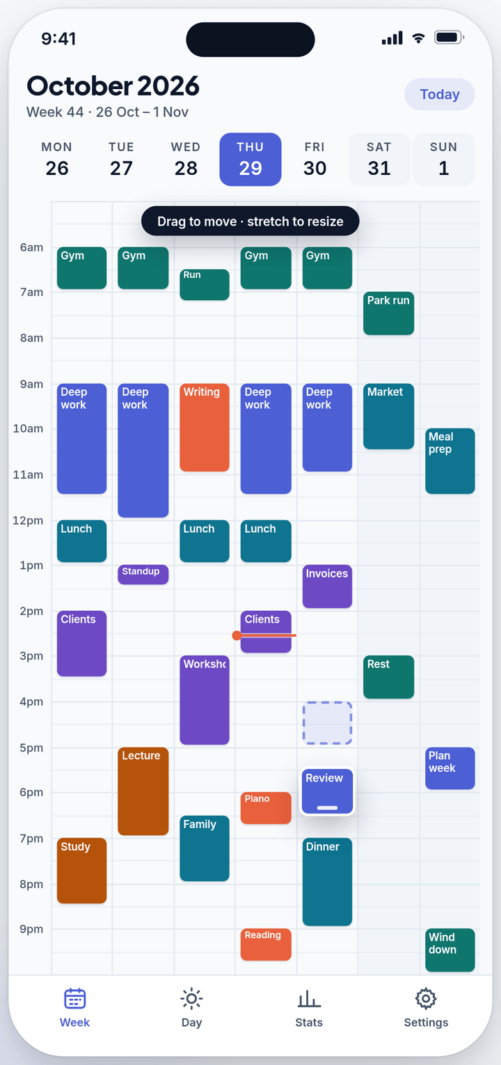 A block being dragged to a new time slot, with a dashed outline where it started.