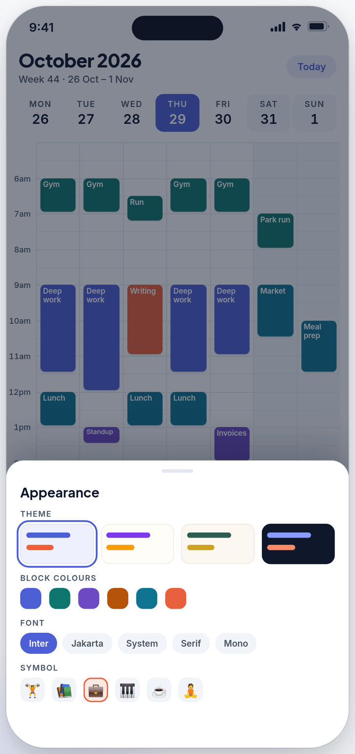 The appearance sheet, with theme swatches, block colours, font choices and symbols.